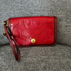 Coach Embossed Red Leather Wristlet